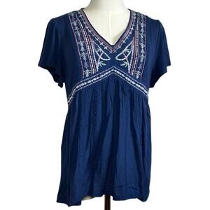 Knox Rose S Blue Embroidered Peasant Top Boho Casual Cottage Indie Twee Festival